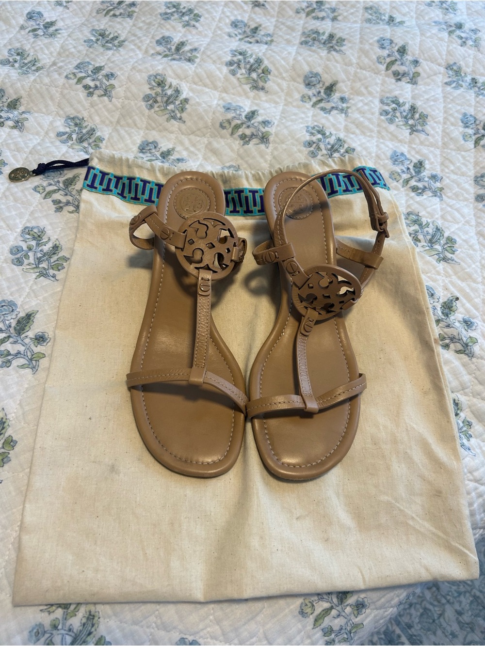 Tory Burch Tan Leather Logo T-Strap Sandals